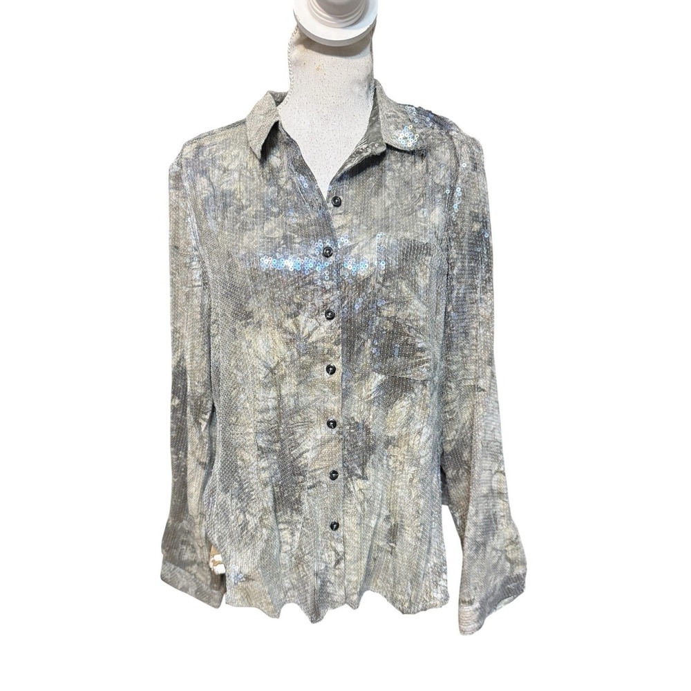 PILCRO ANTHROPOLOGIE Shrunken Sequin Sparkly Gray Tie Dye Button Up Blouse XL